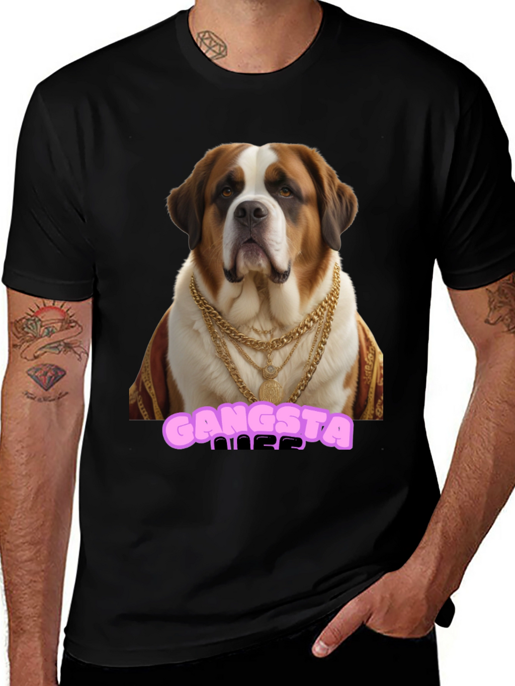 Gangsta Dog T-Shirt - Saint Bernard in Gold Chains