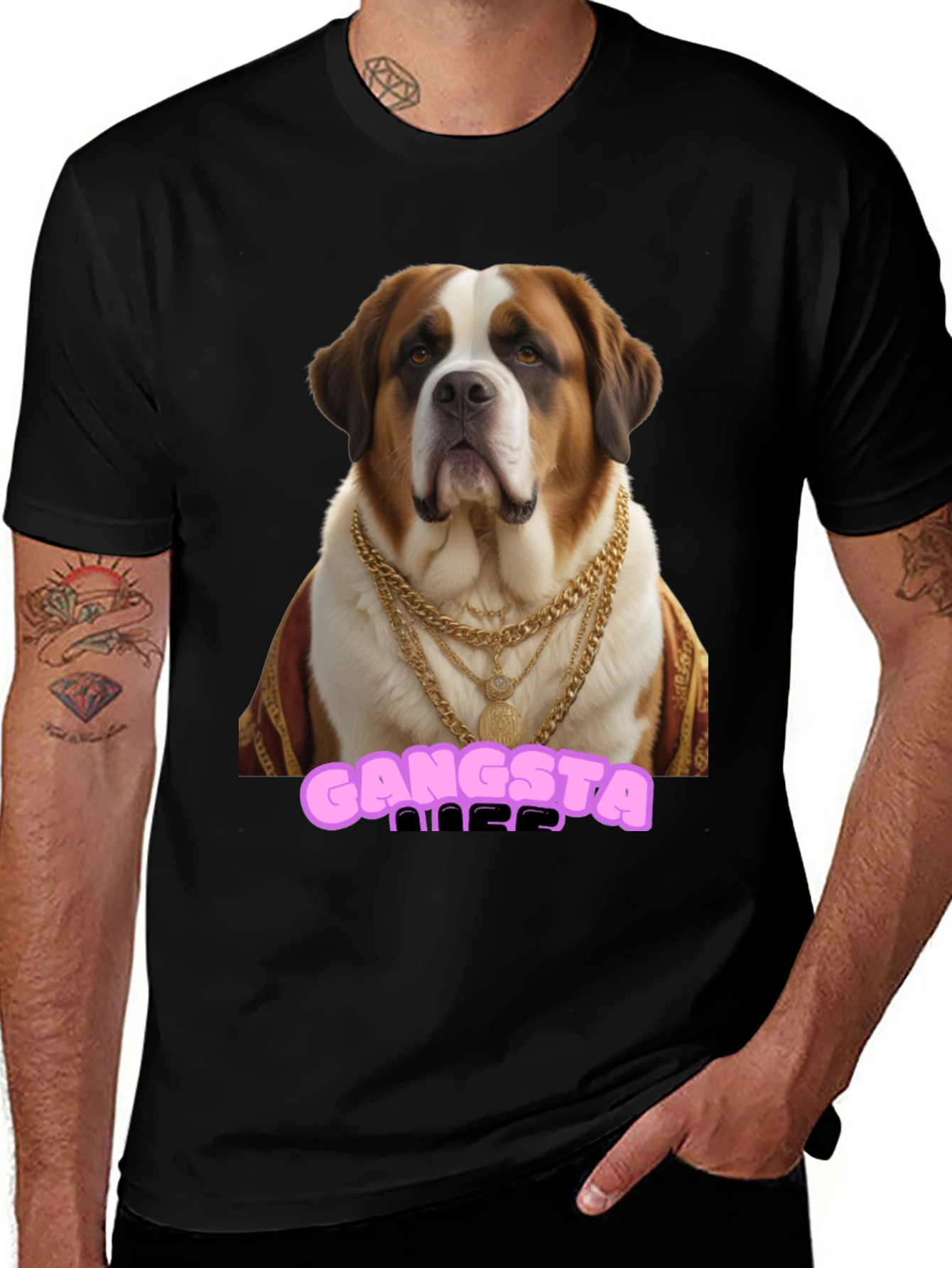 Gangsta Dog T-Shirt - Saint Bernard in Gold Chains