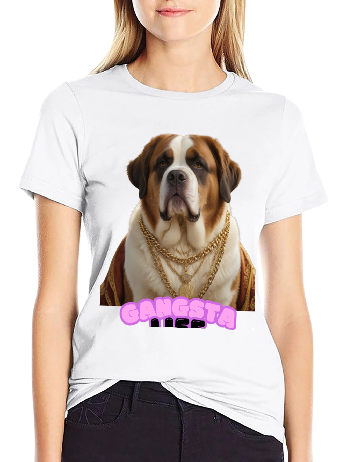 Gangsta Dog T-Shirt - Saint Bernard in Gold Chains