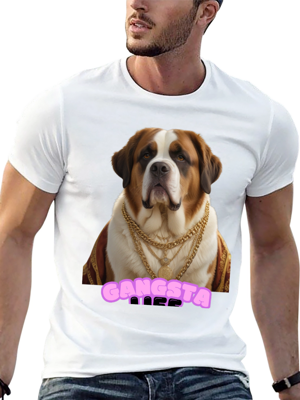 Gangsta Dog T-Shirt - Saint Bernard in Gold Chains