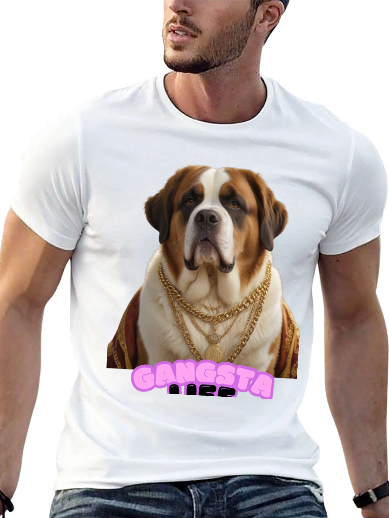 Gangsta Dog T-Shirt - Saint Bernard in Gold Chains