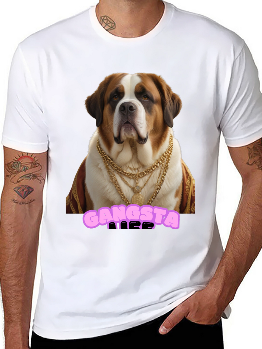 Gangsta Dog T-Shirt - Saint Bernard in Gold Chains