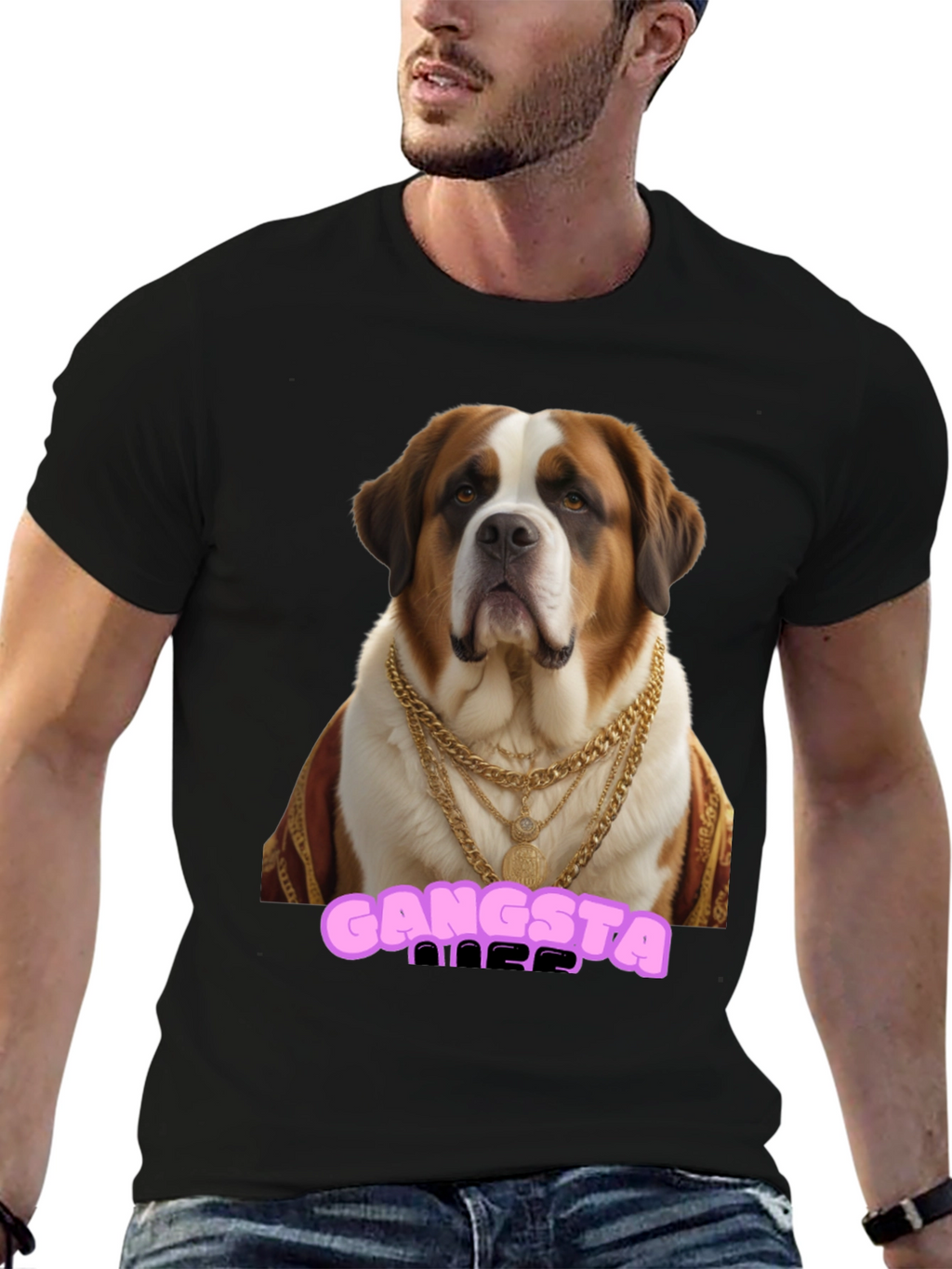 Gangsta Dog T-Shirt - Saint Bernard in Gold Chains