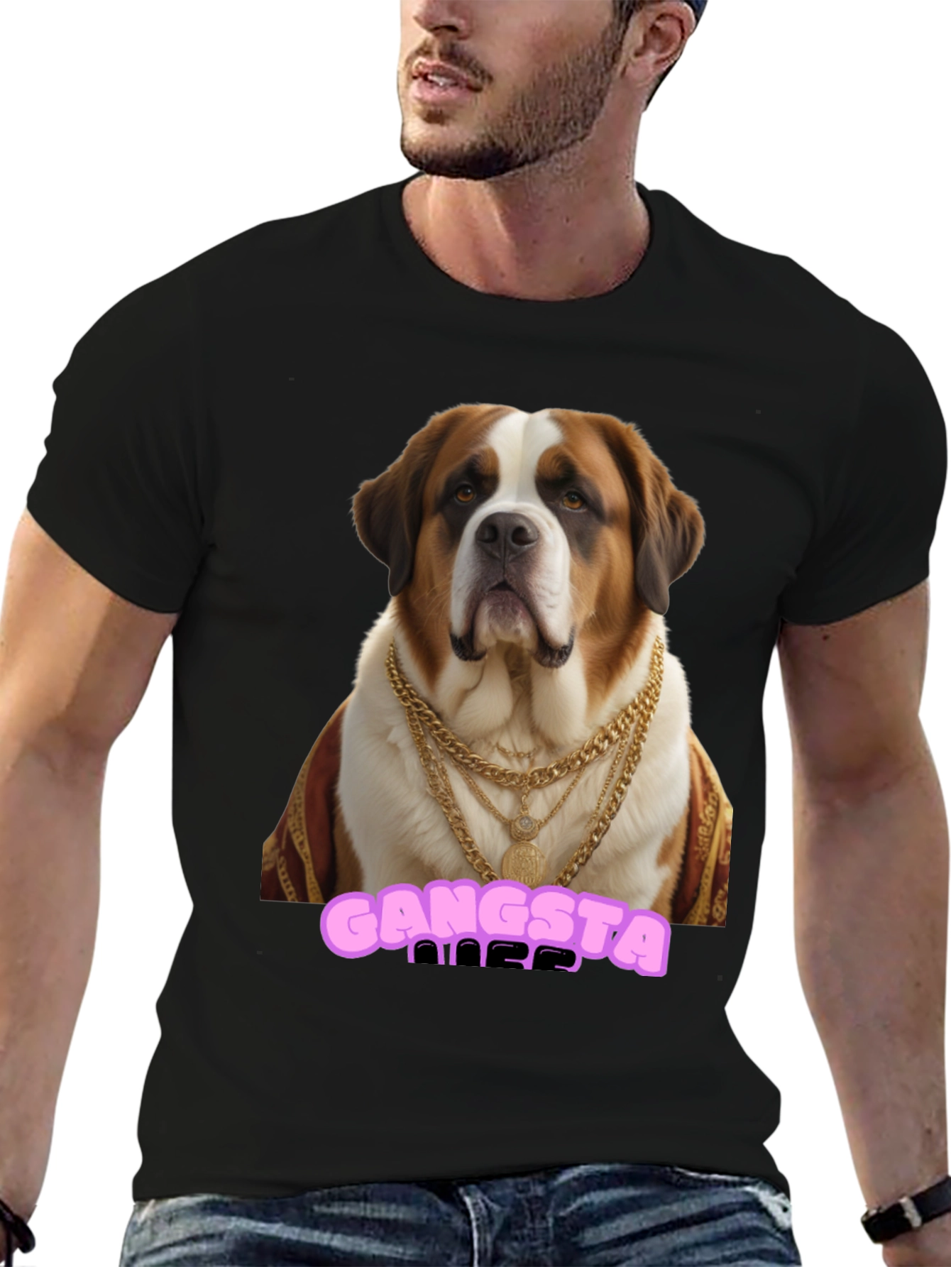 Gangsta Dog T-Shirt - Saint Bernard in Gold Chains