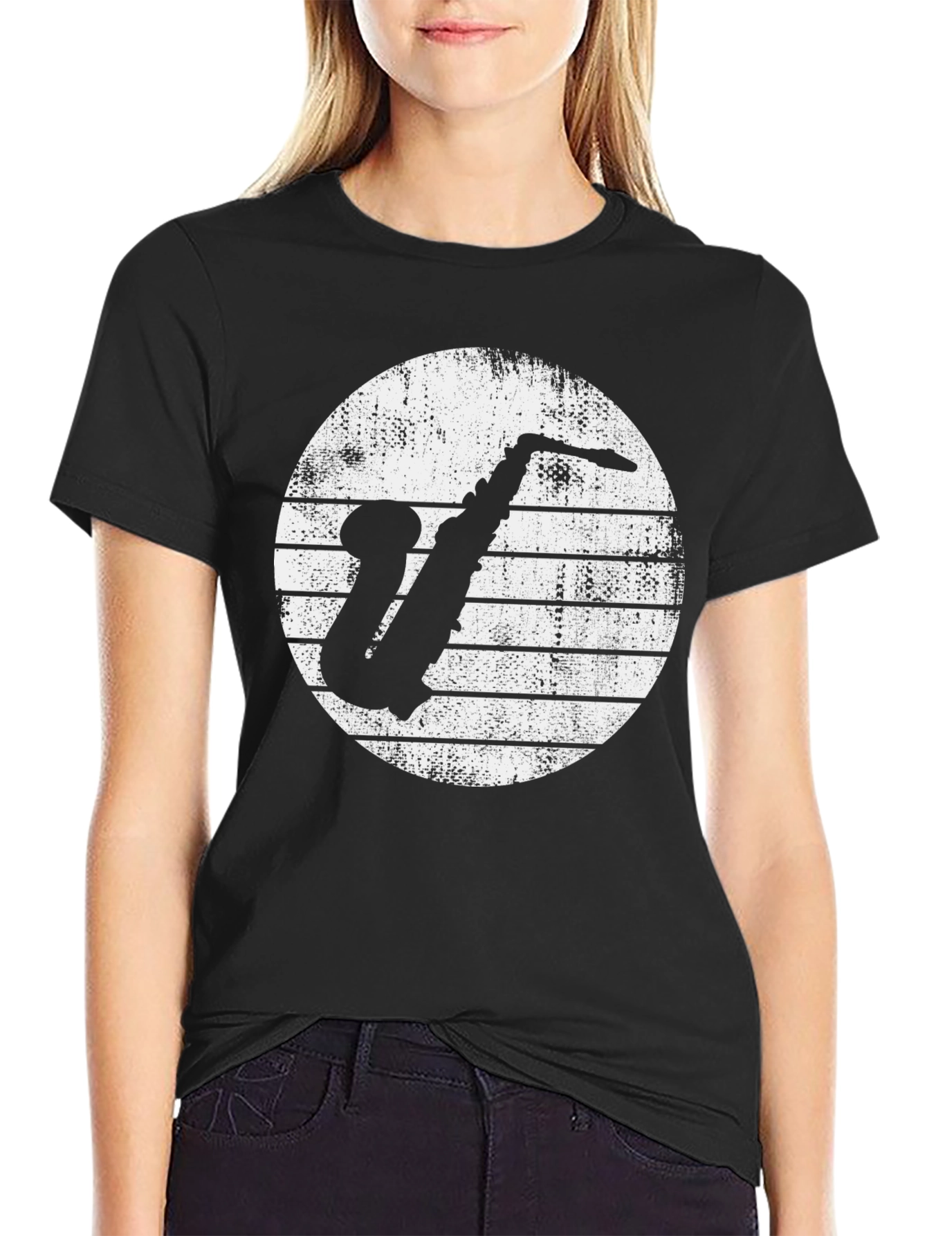 Saxophone Graphic Tee - Vintage Style Black T-Shirt