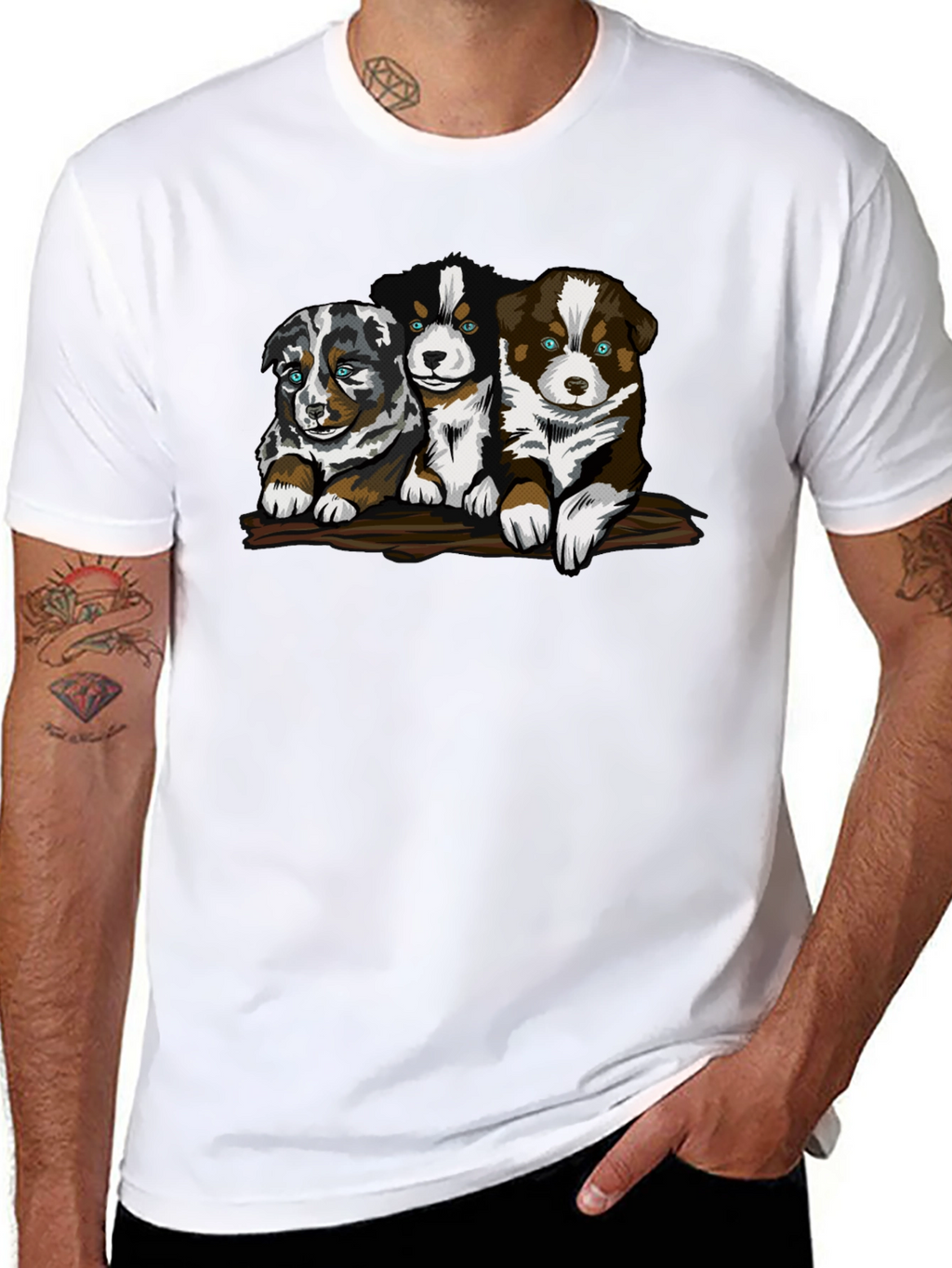 Cute Puppy Trio Graphic T-Shirt - Black