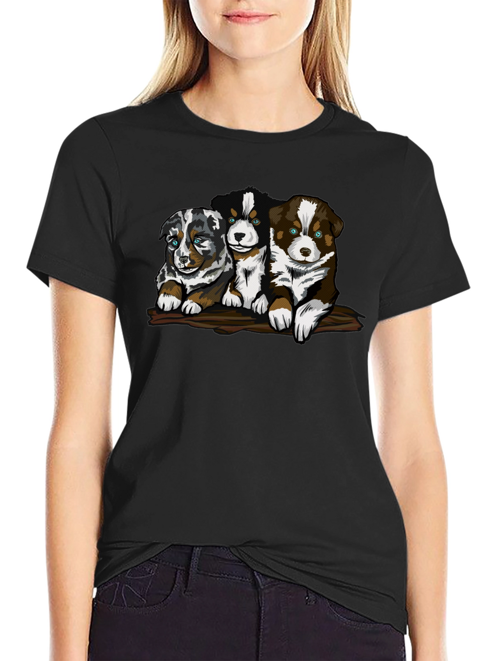 Cute Puppy Trio Graphic T-Shirt - Black