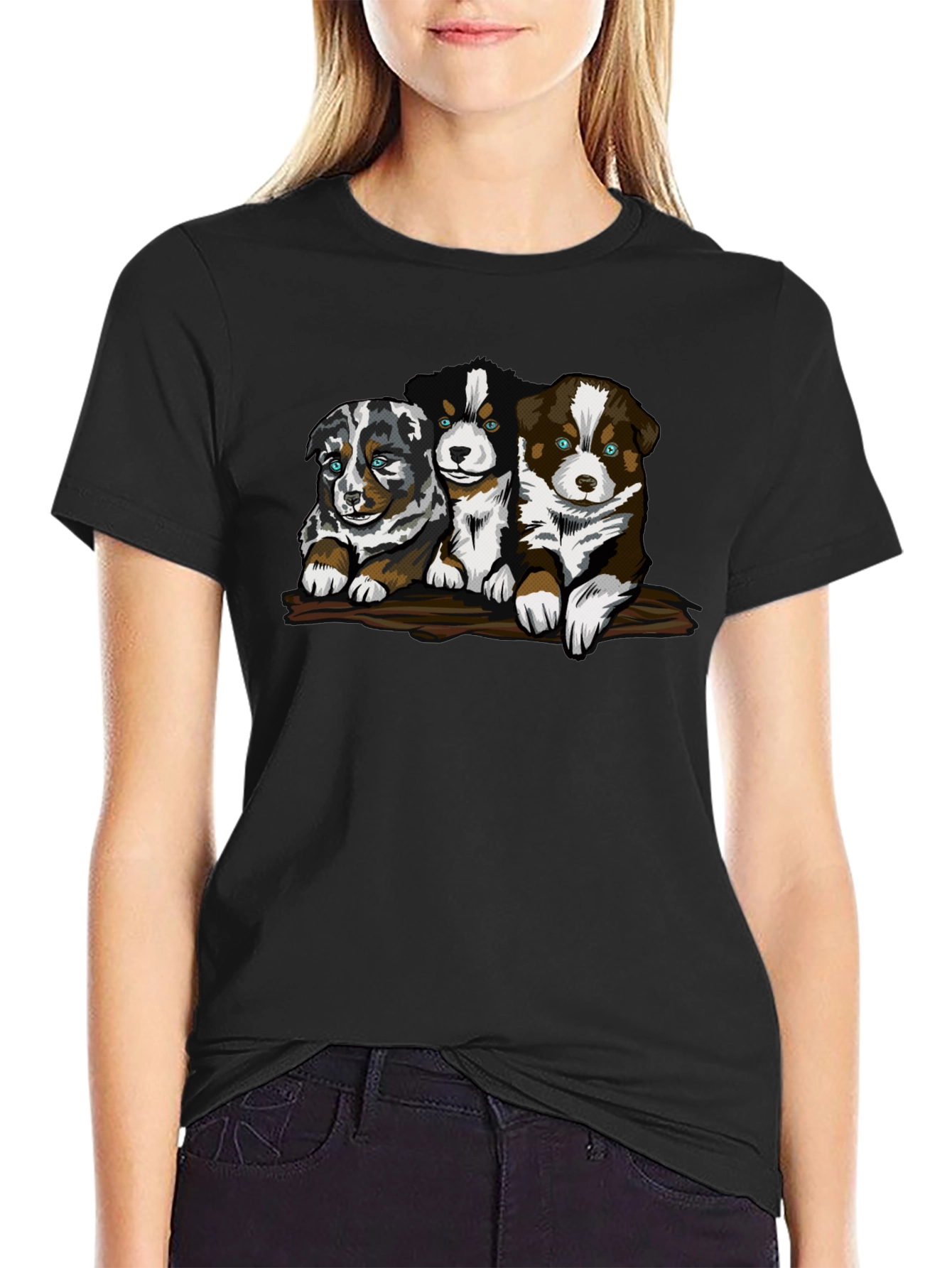 Cute Puppy Trio Graphic T-Shirt - Black