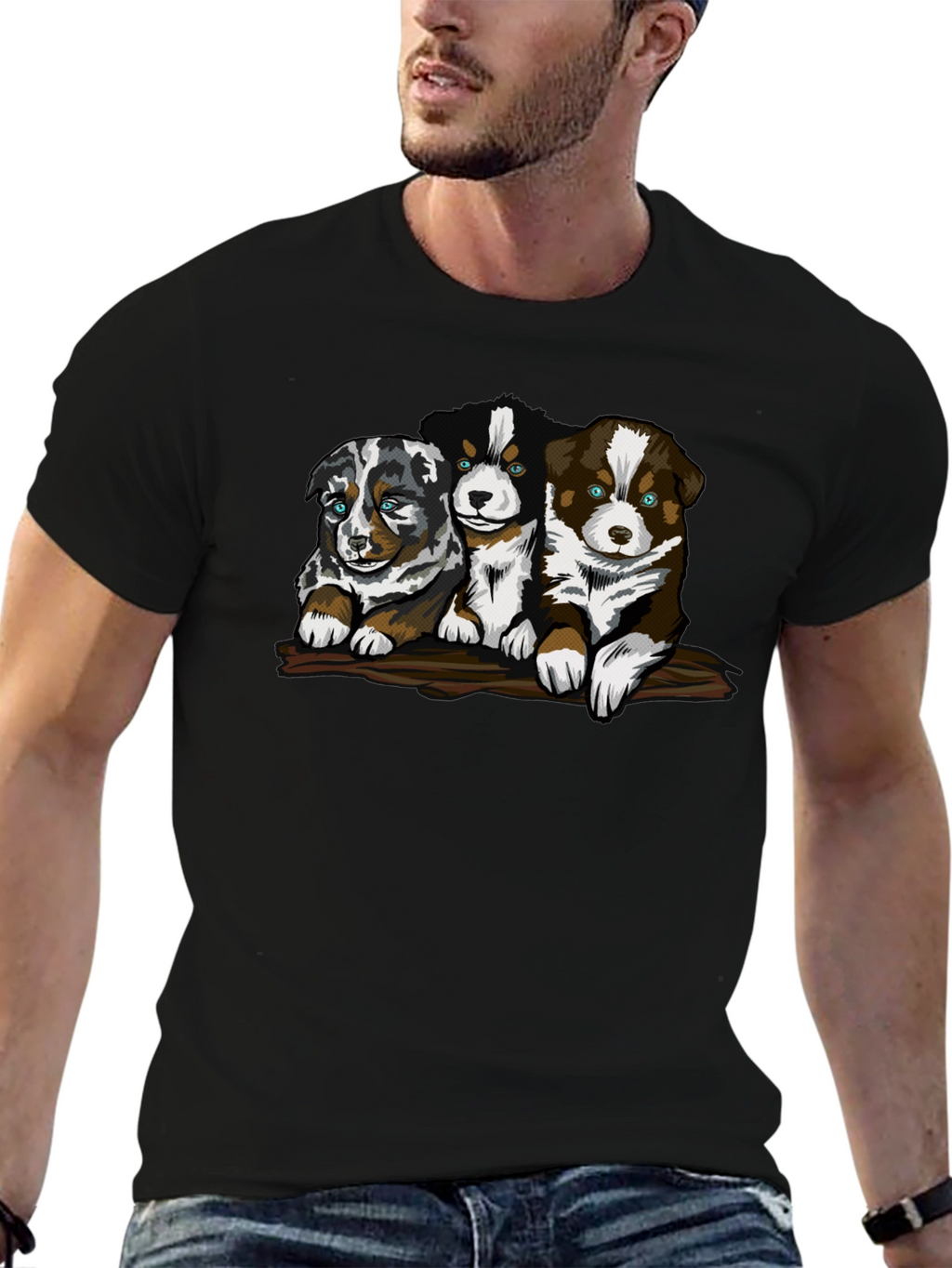 Cute Puppy Trio Graphic T-Shirt - Black