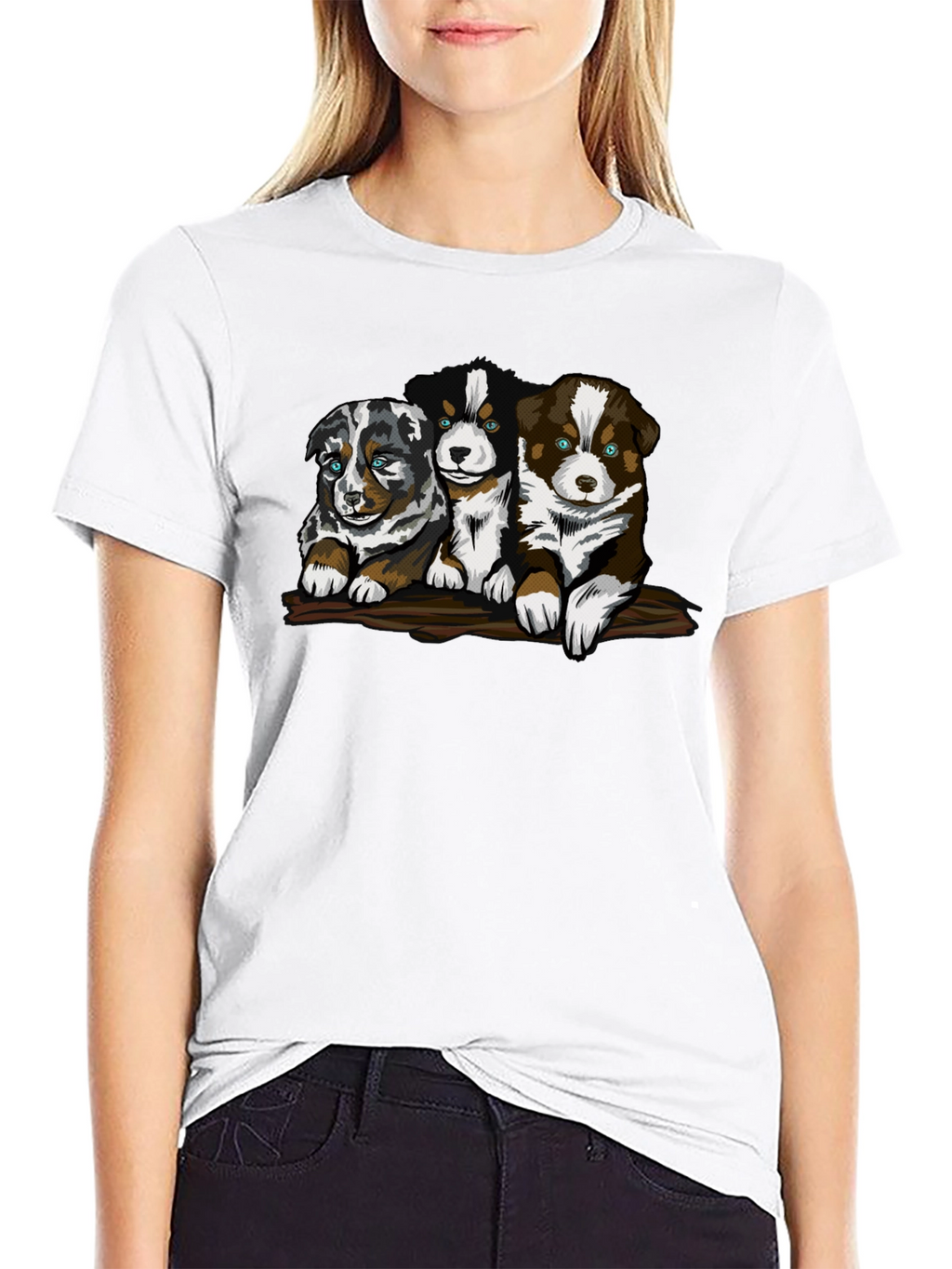 Cute Puppy Trio Graphic T-Shirt - Black