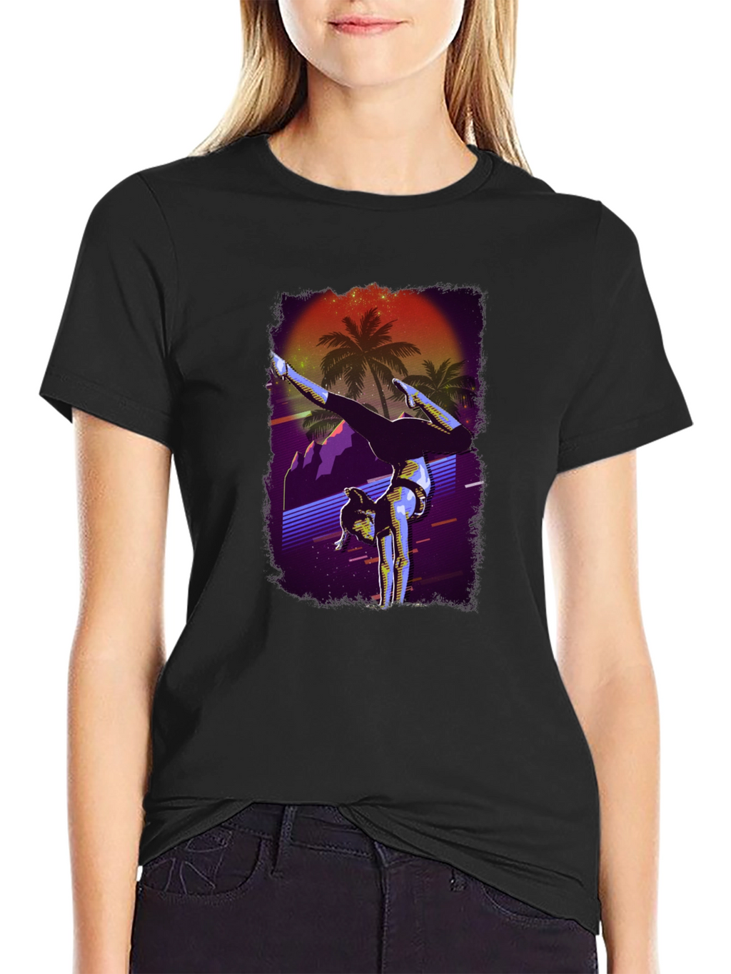 Retro Handstand T-Shirt - Synthwave Palm Tree Design