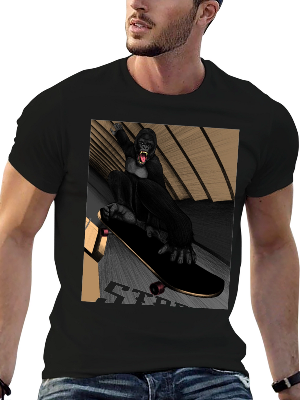 Skateboarding Gorilla Graphic Tee - Black T-Shirt