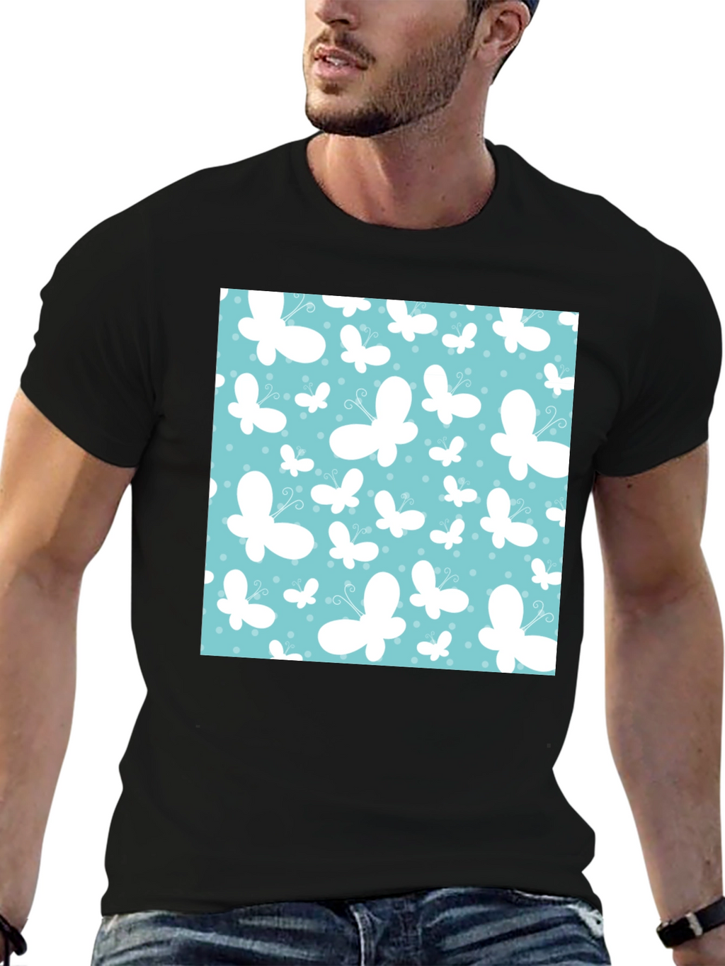 Butterfly Pattern Mens Black T-Shirt