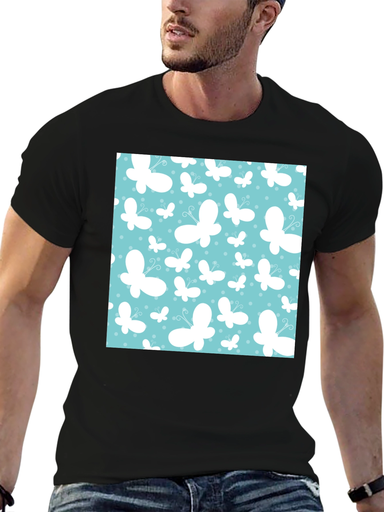 Butterfly Pattern Mens Black T-Shirt