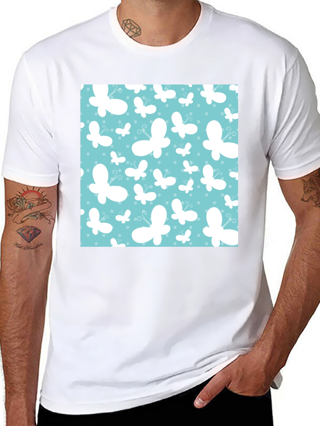 Butterfly Pattern Mens Black T-Shirt