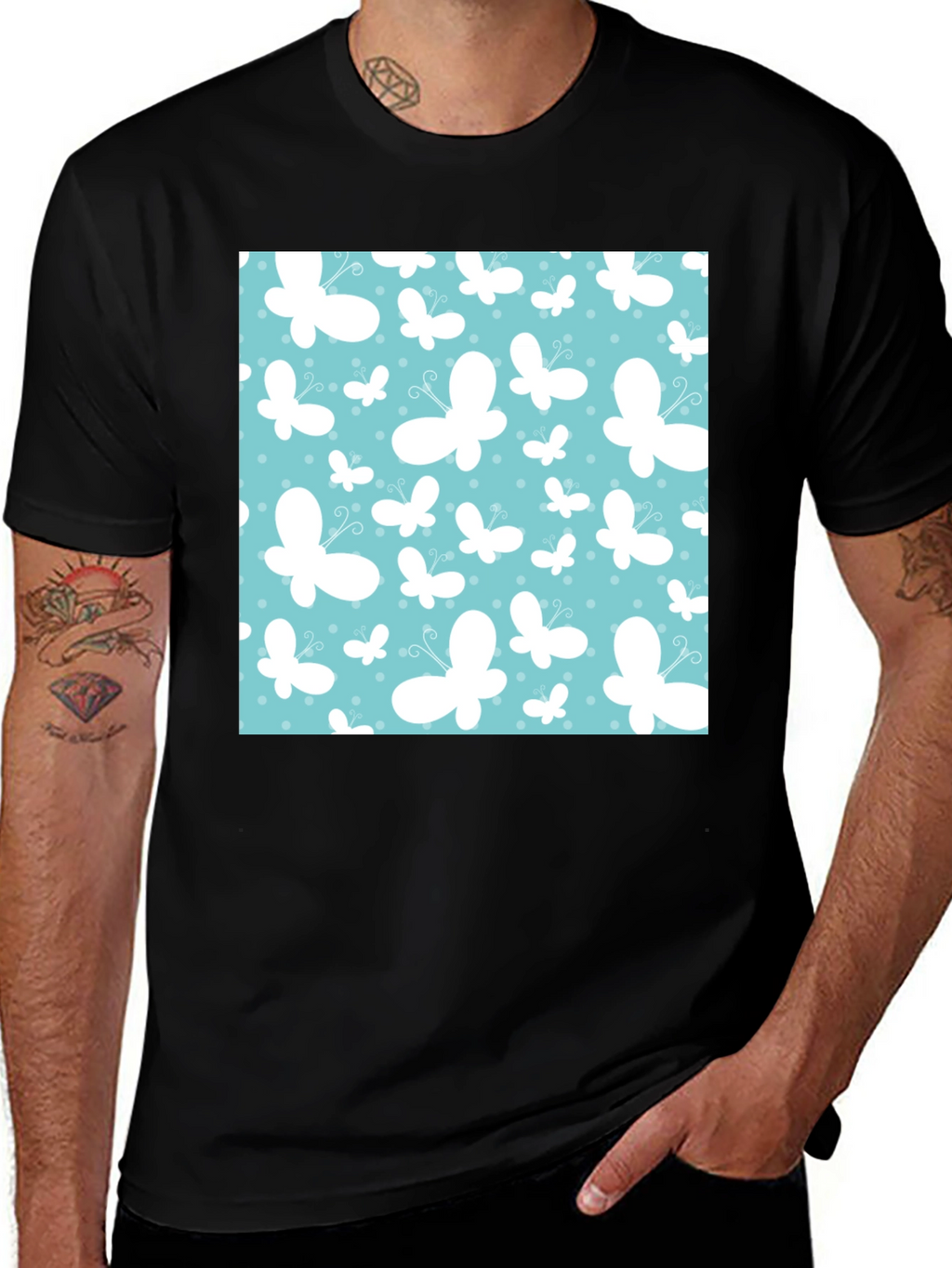 Butterfly Pattern Mens Black T-Shirt