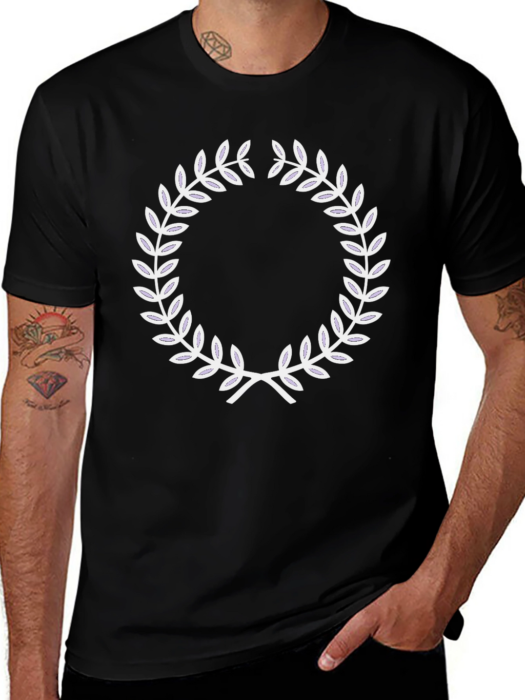 Black T-Shirt with White Laurel Wreath Design