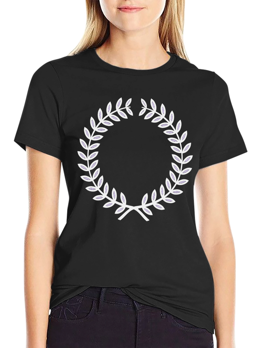 Black T-Shirt with White Laurel Wreath Design