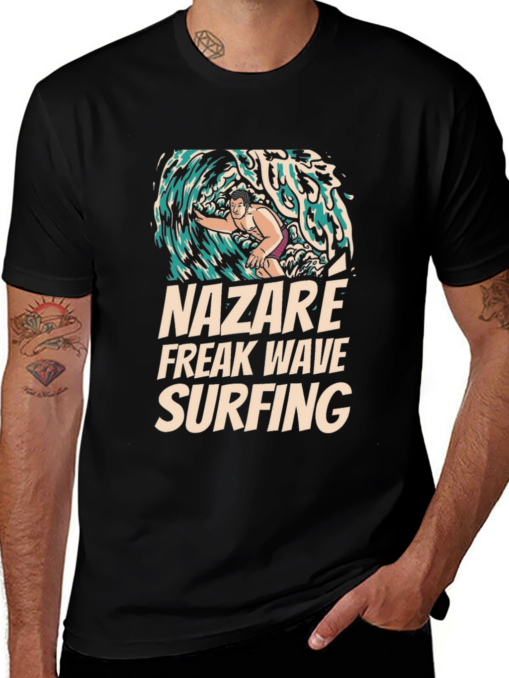 Nazare Freak Wave Surfing Black Graphic Tee
