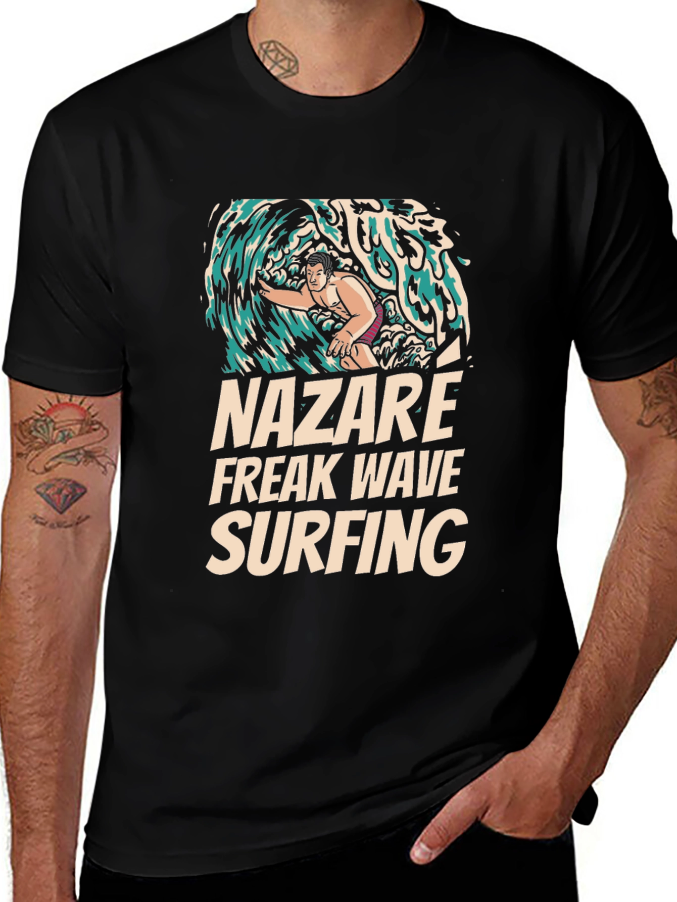 Nazare Freak Wave Surfing Black Graphic Tee