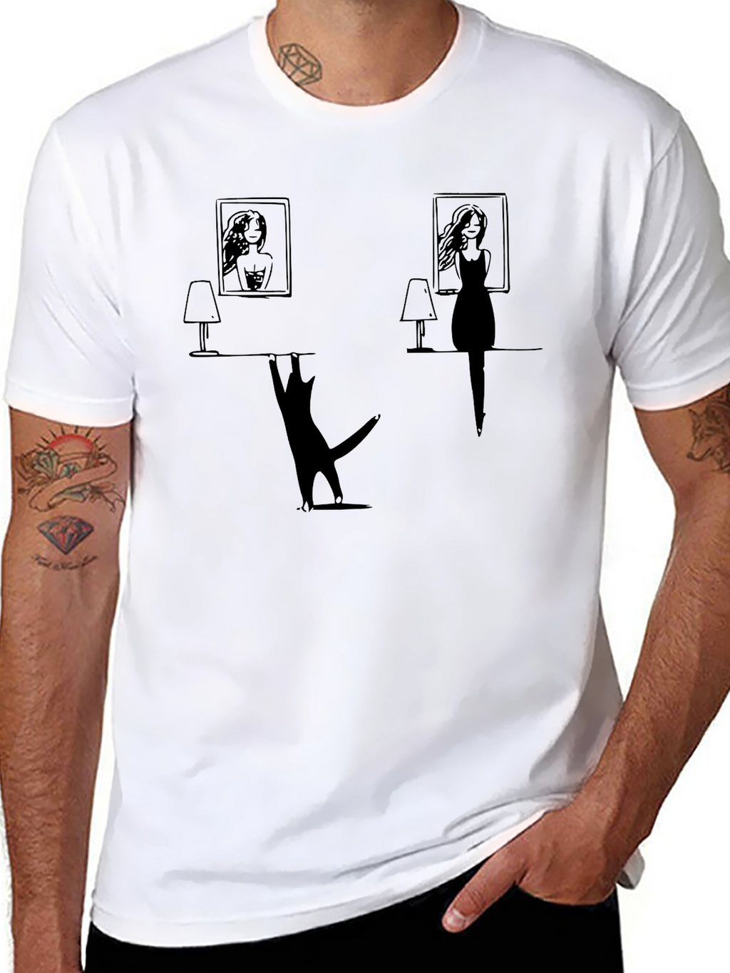 Whimsical Cat & Women Silhouette Black T-Shirt