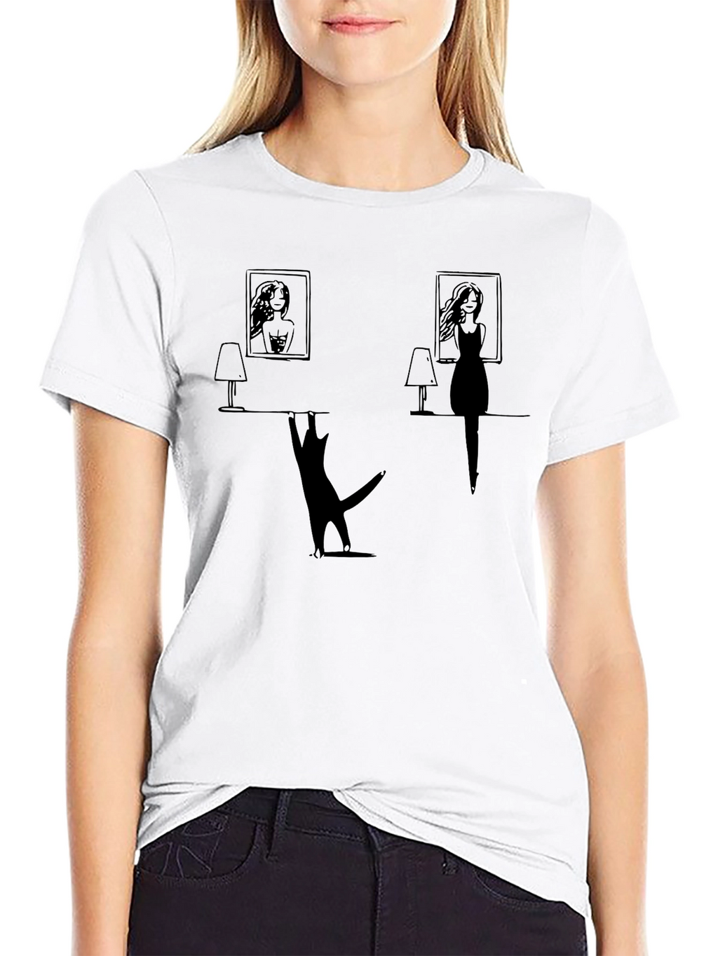 Whimsical Cat & Women Silhouette Black T-Shirt