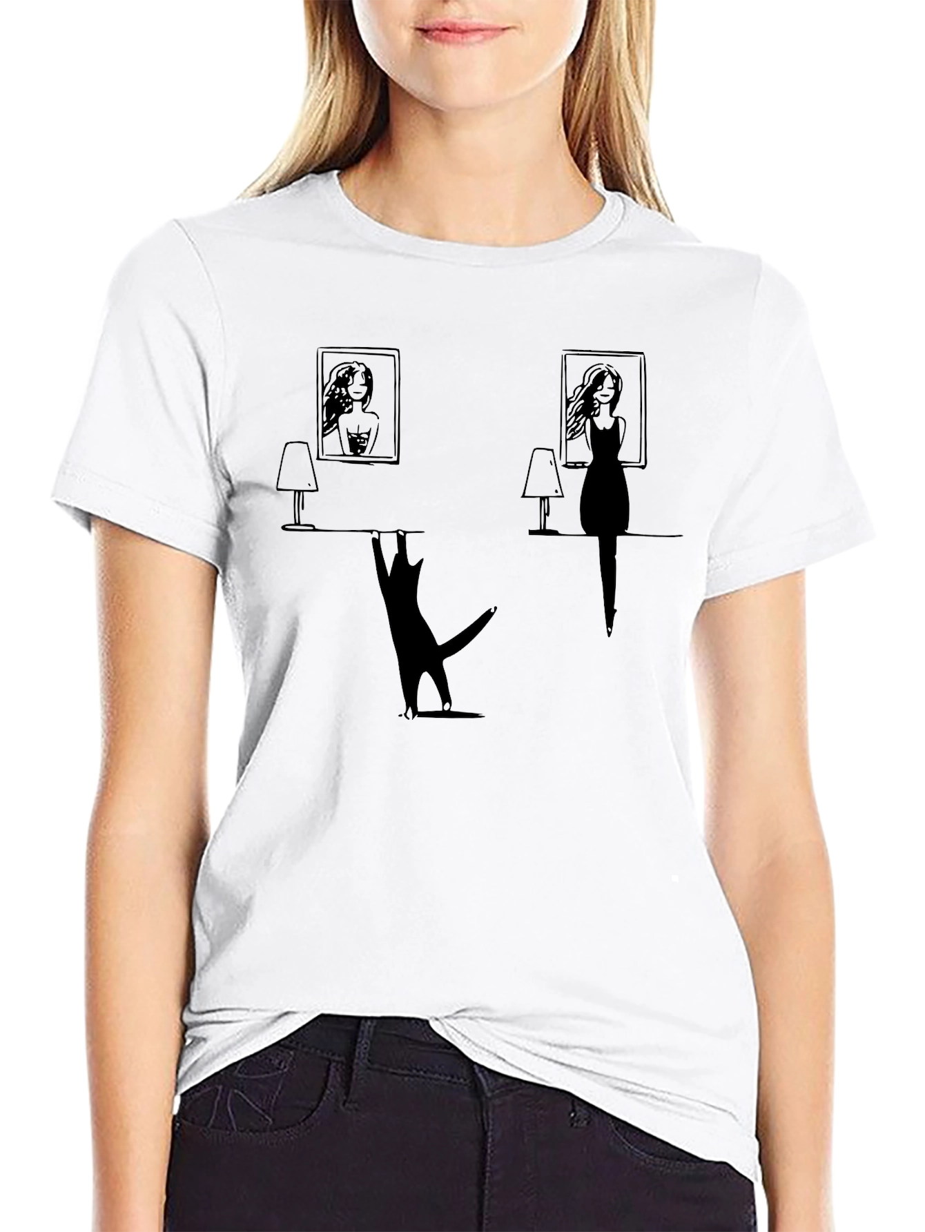 Whimsical Cat & Women Silhouette Black T-Shirt