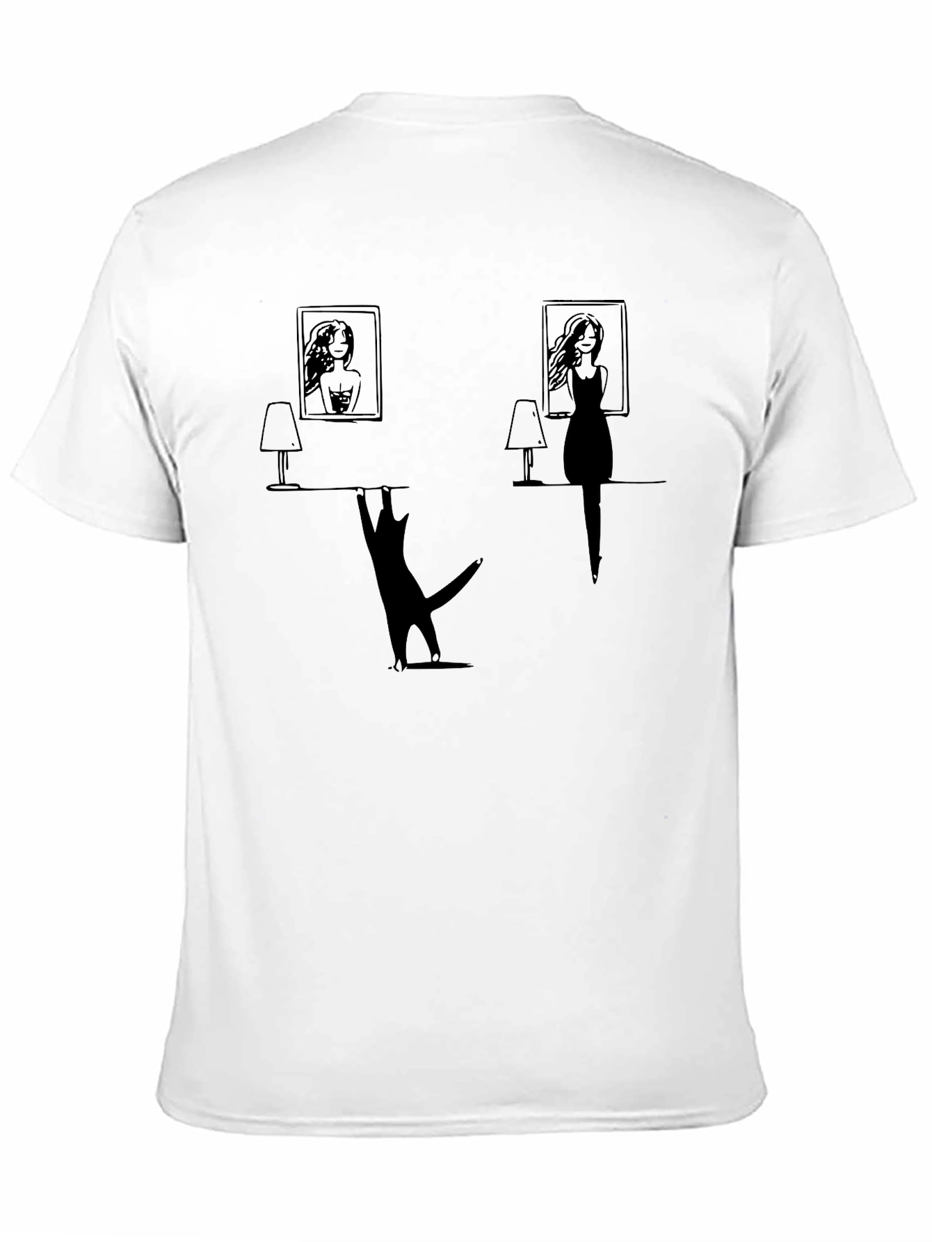 Whimsical Cat & Women Silhouette Black T-Shirt