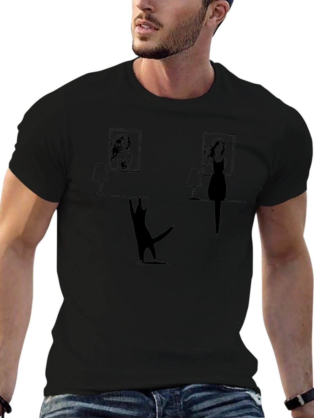 Whimsical Cat & Women Silhouette Black T-Shirt