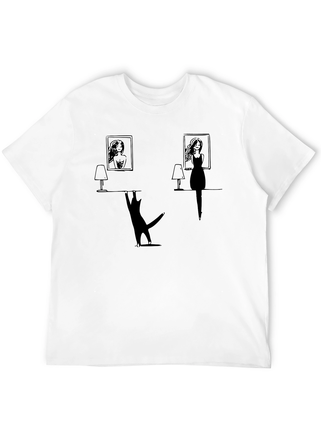 Whimsical Cat & Women Silhouette Black T-Shirt