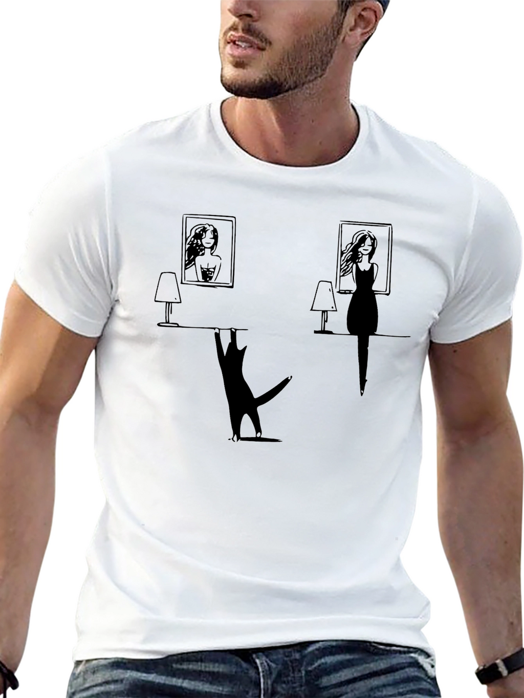 Whimsical Cat & Women Silhouette Black T-Shirt