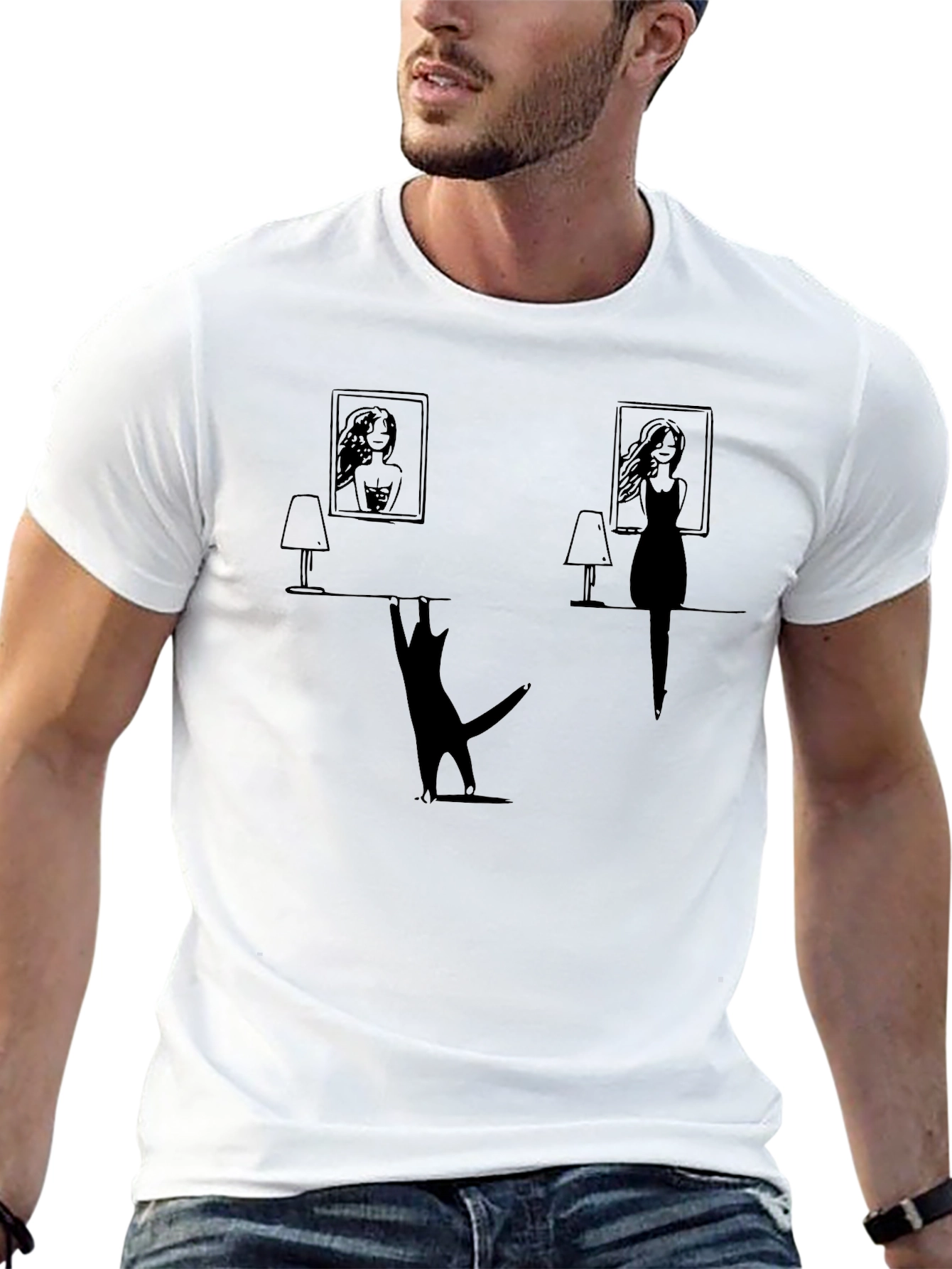 Whimsical Cat & Women Silhouette Black T-Shirt