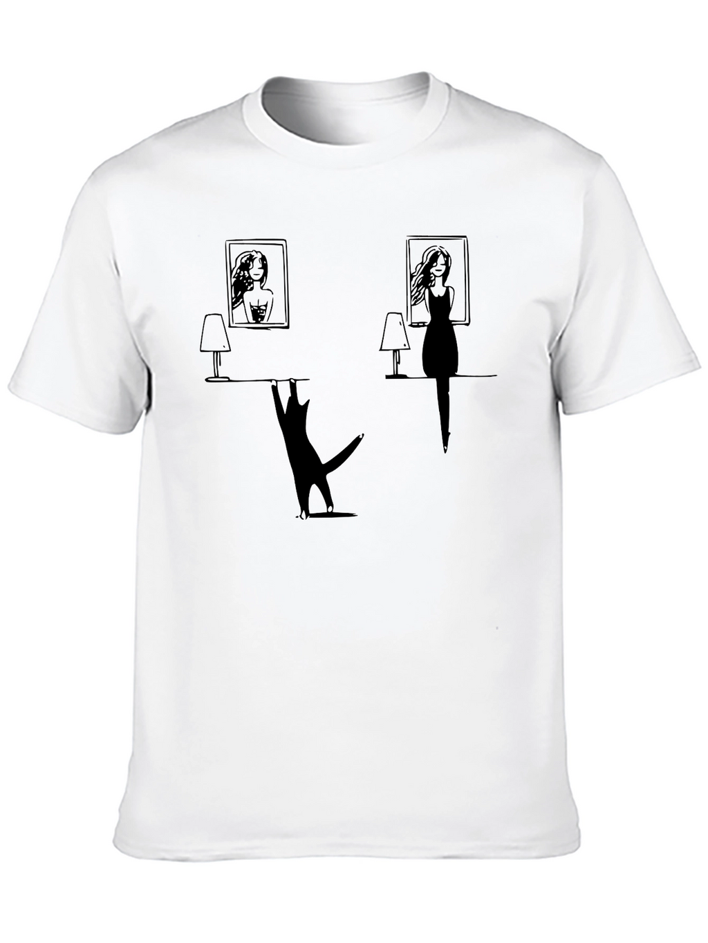Whimsical Cat & Women Silhouette Black T-Shirt