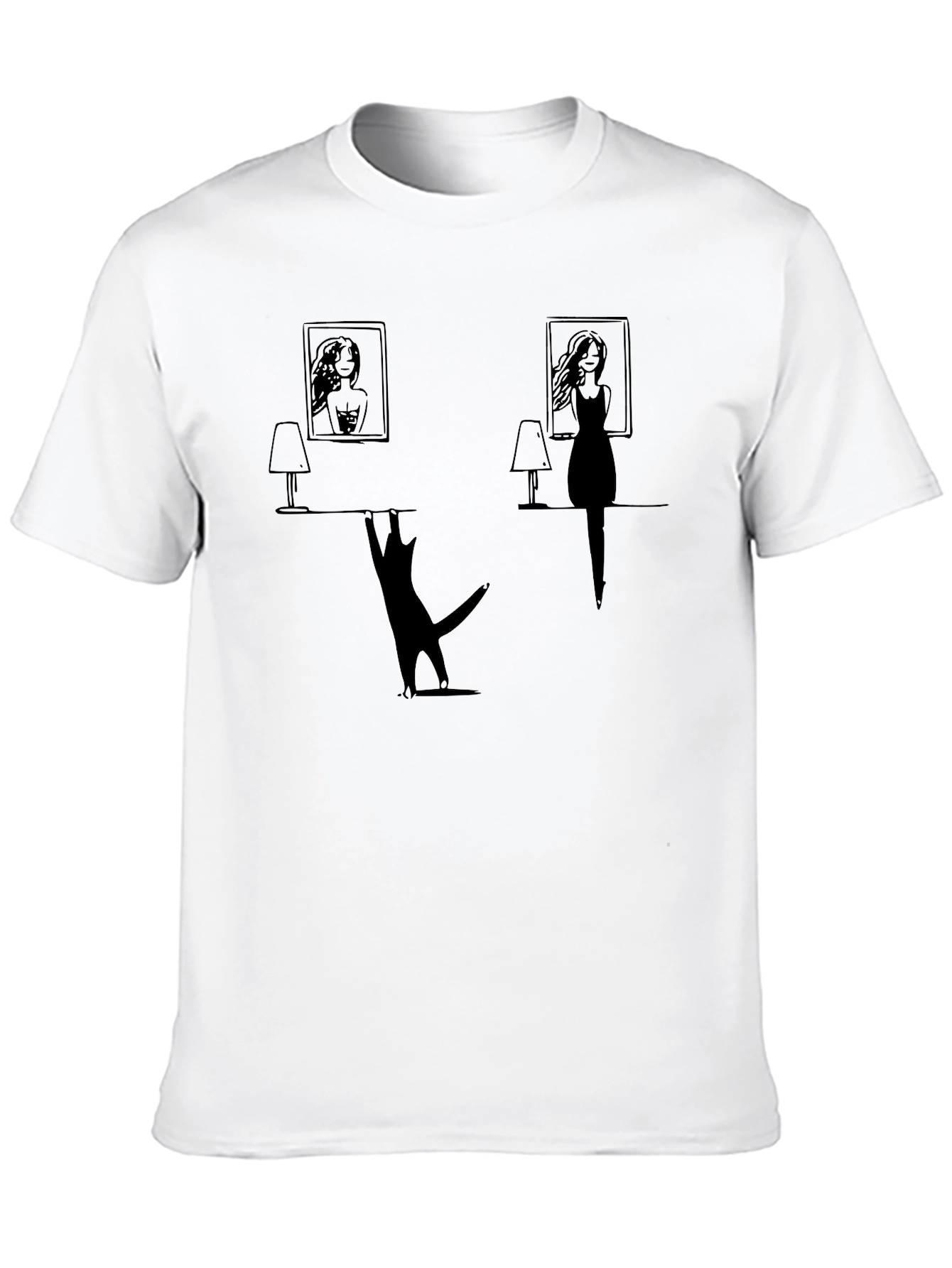 Whimsical Cat & Women Silhouette Black T-Shirt