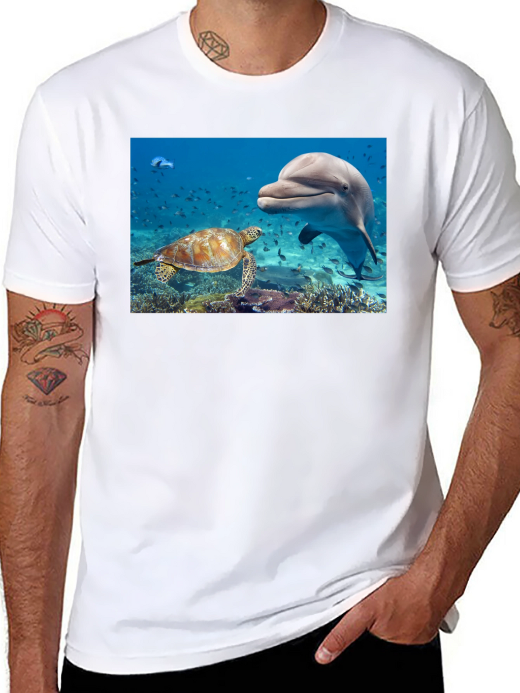 Dolphin and Turtle Graphic Print Black T-Shirt
