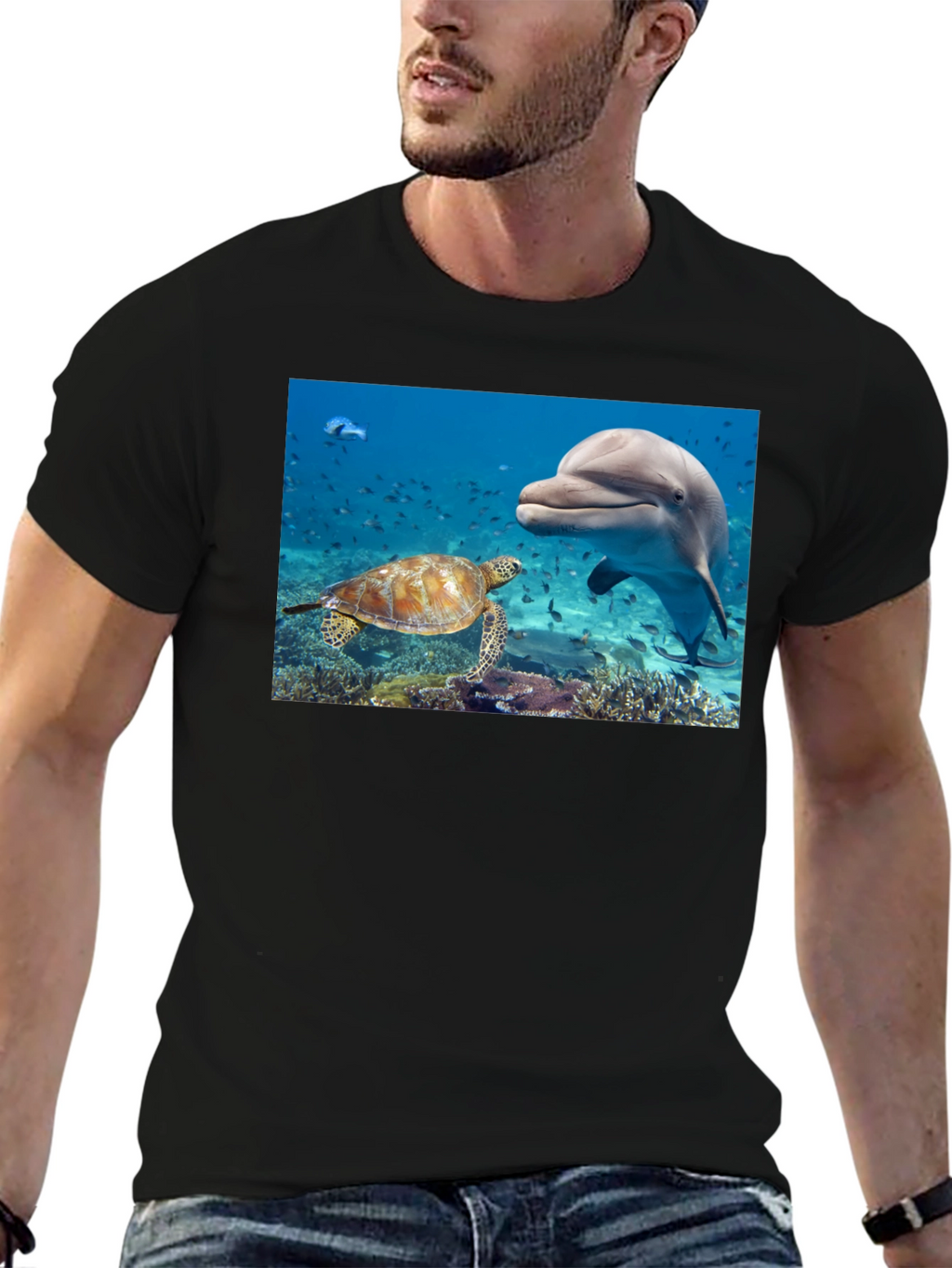 Dolphin and Turtle Graphic Print Black T-Shirt