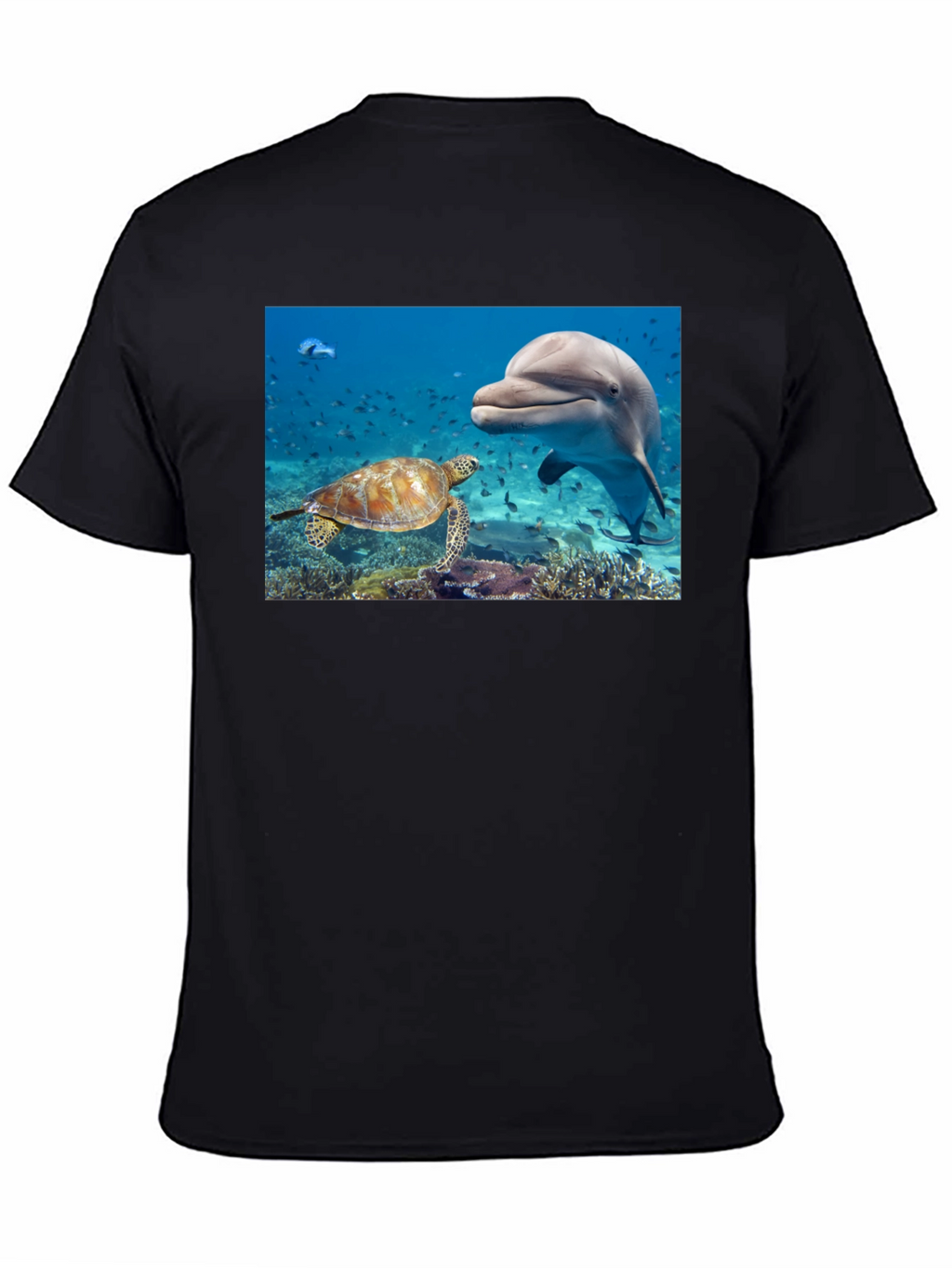 Dolphin and Turtle Graphic Print Black T-Shirt