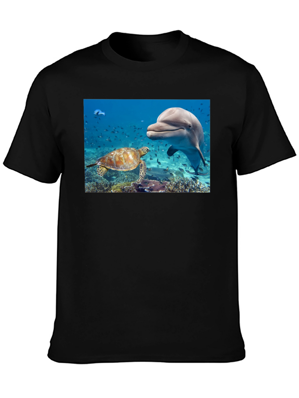 Dolphin and Turtle Graphic Print Black T-Shirt