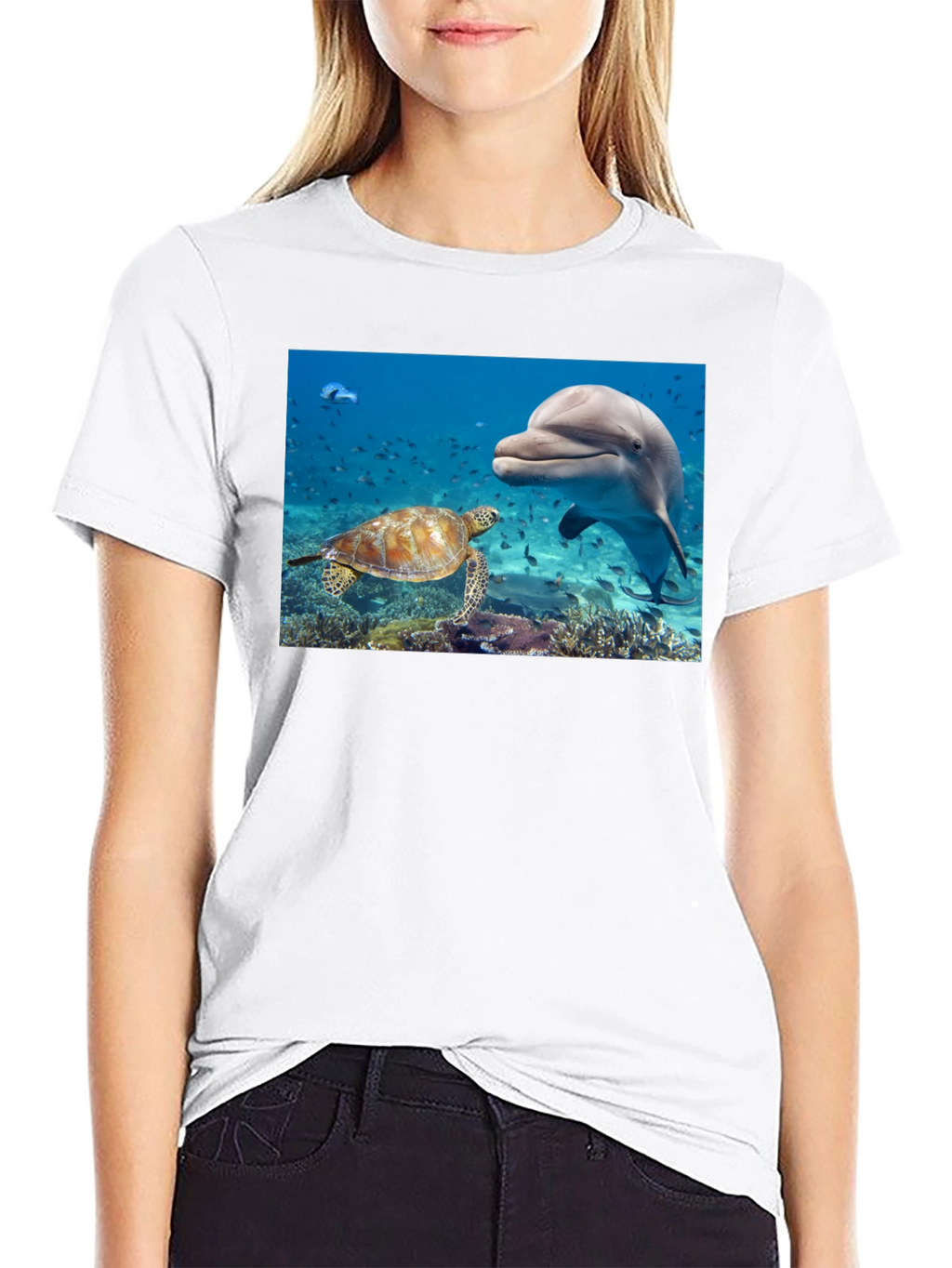 Dolphin and Turtle Graphic Print Black T-Shirt