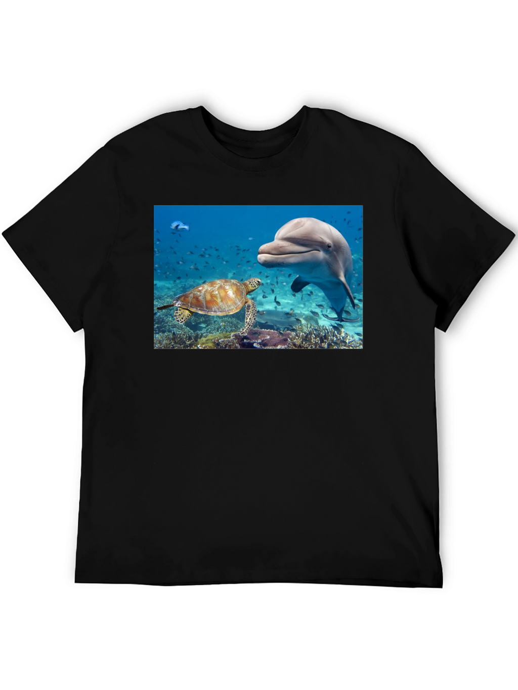 Dolphin and Turtle Graphic Print Black T-Shirt