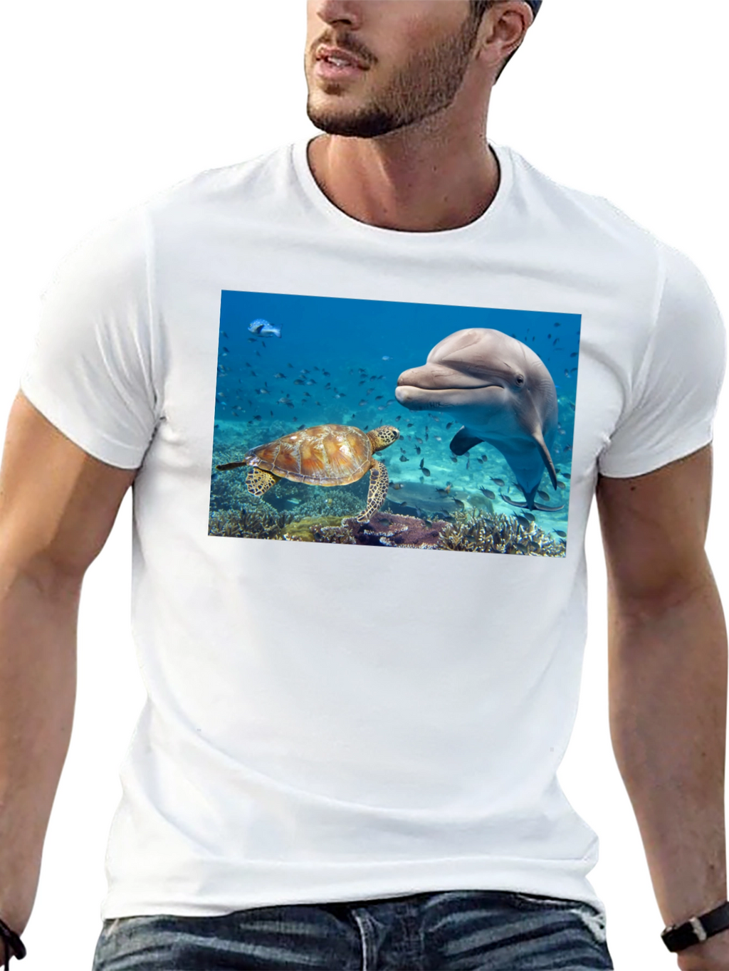 Dolphin and Turtle Graphic Print Black T-Shirt