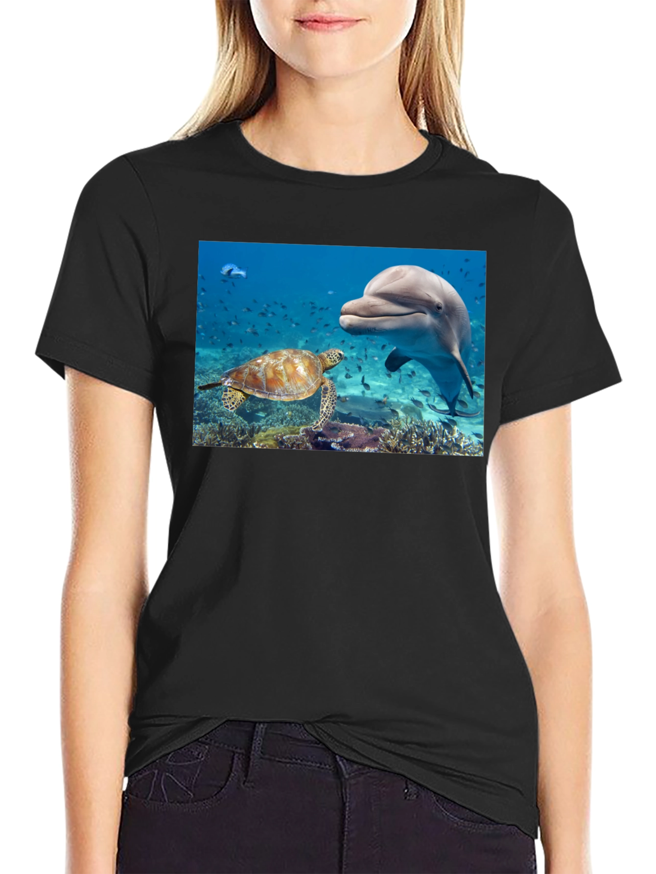 Dolphin and Turtle Graphic Print Black T-Shirt