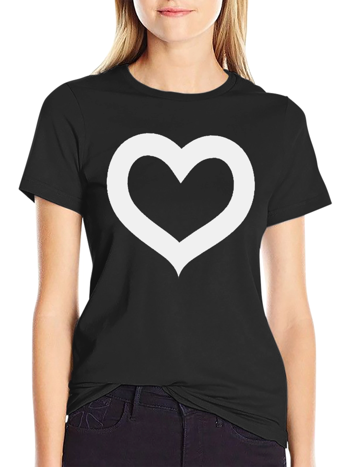 Black T-Shirt with Hollow White Heart Graphic