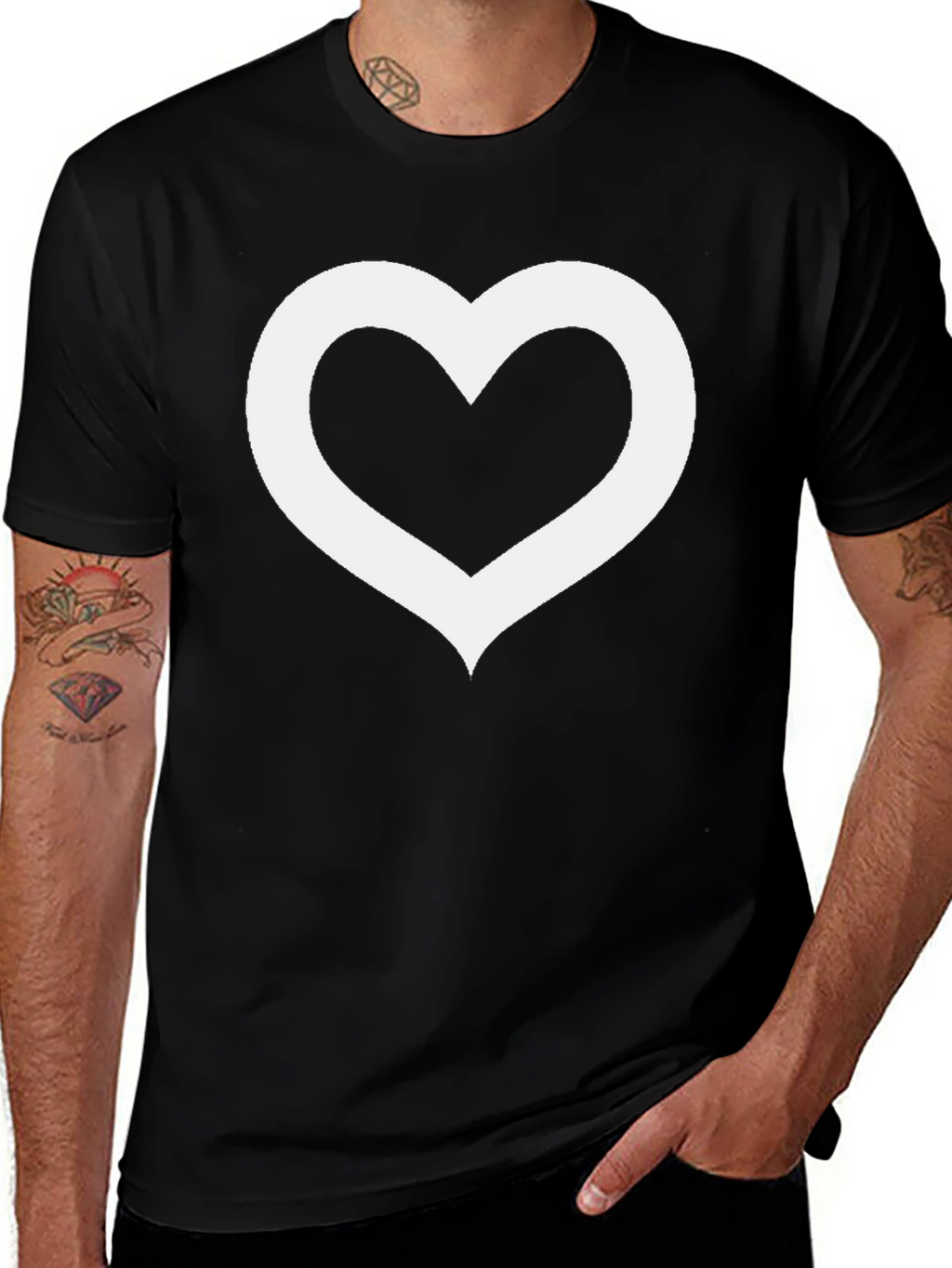 Black T-Shirt with Hollow White Heart Graphic