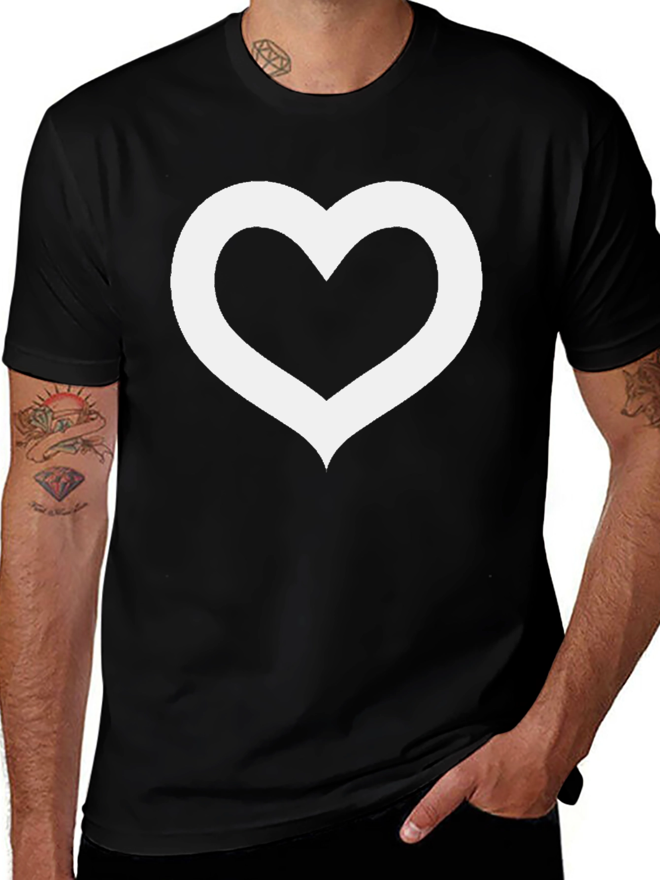 Black T-Shirt with Hollow White Heart Graphic