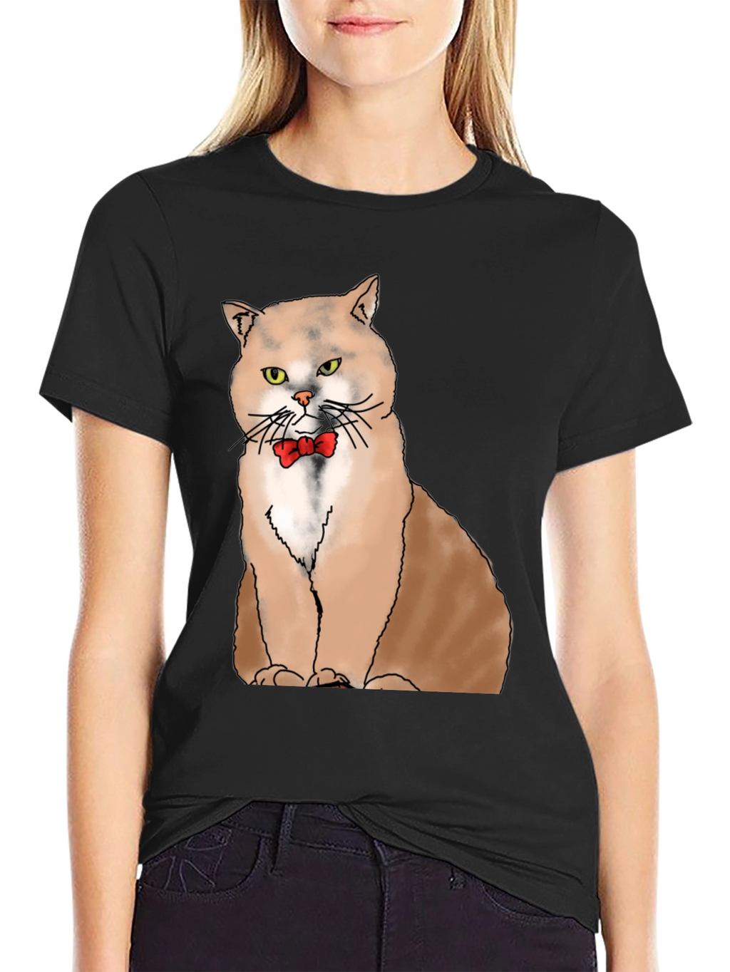 Cat with Bowtie Graphic T-Shirt - Black