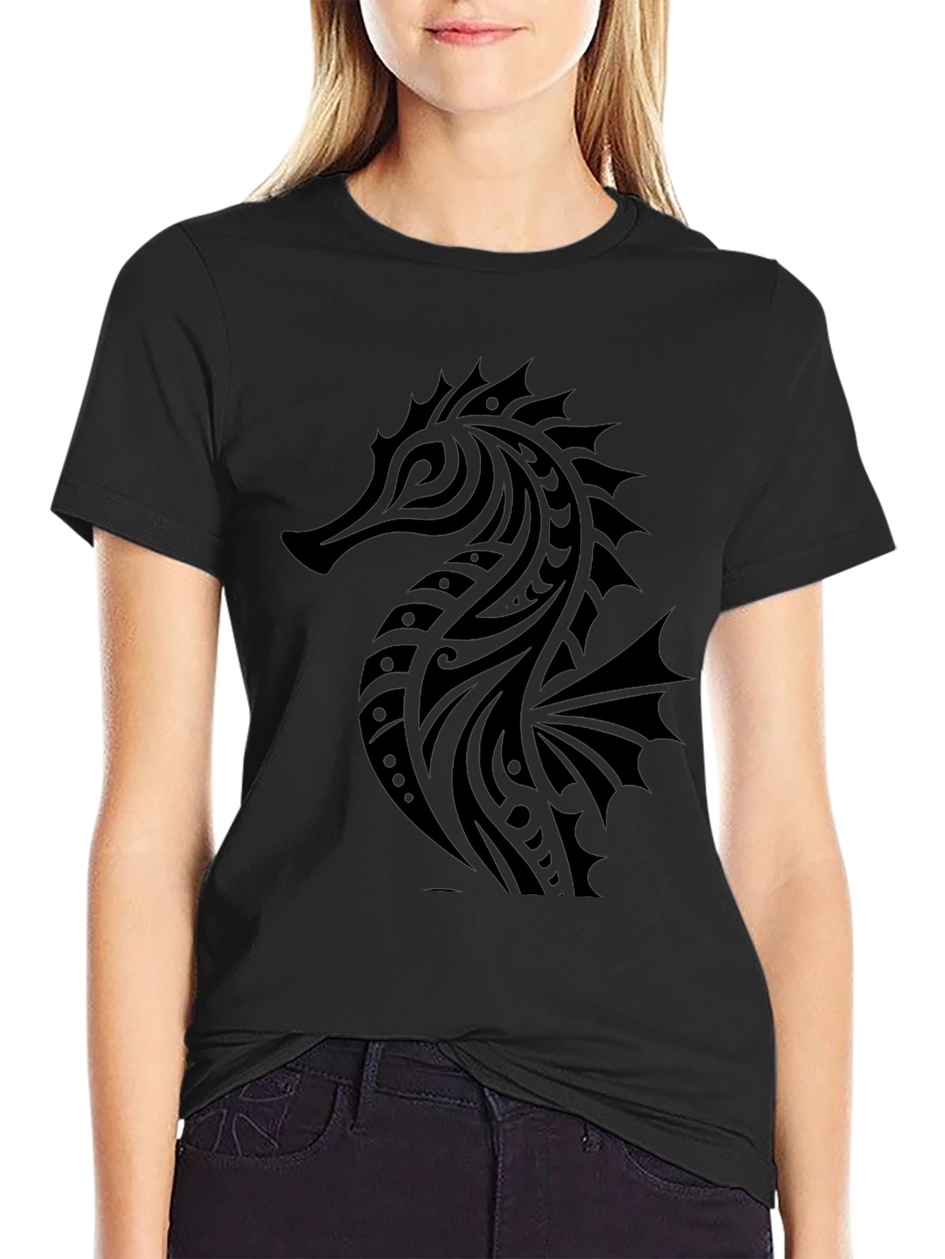 Tribal Seahorse Graphic T-Shirt - Black