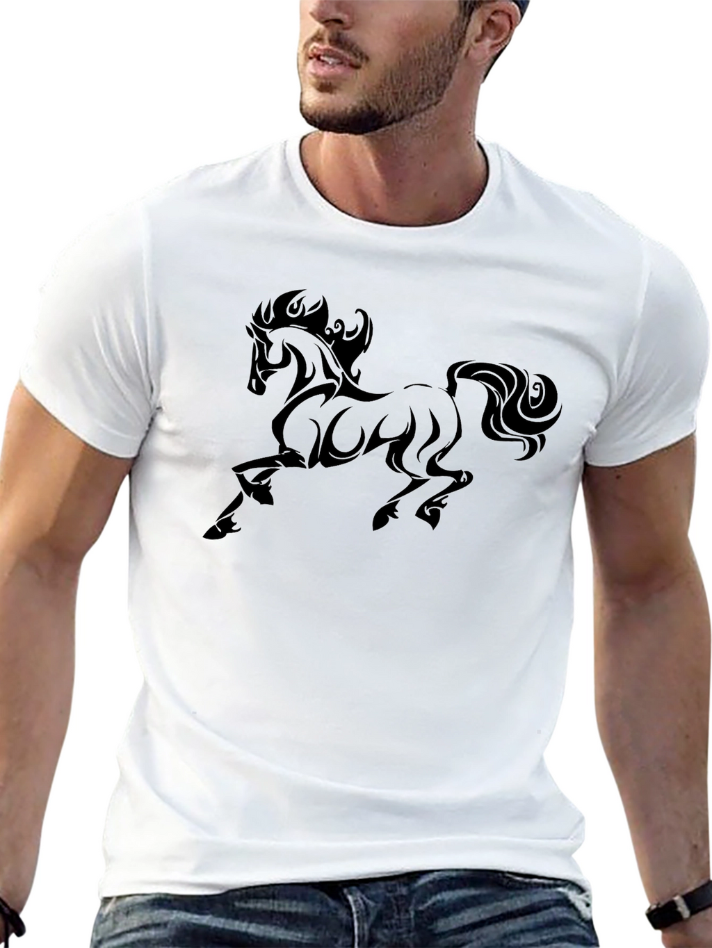 Mens Black T-Shirt with Bold Horse Graphic