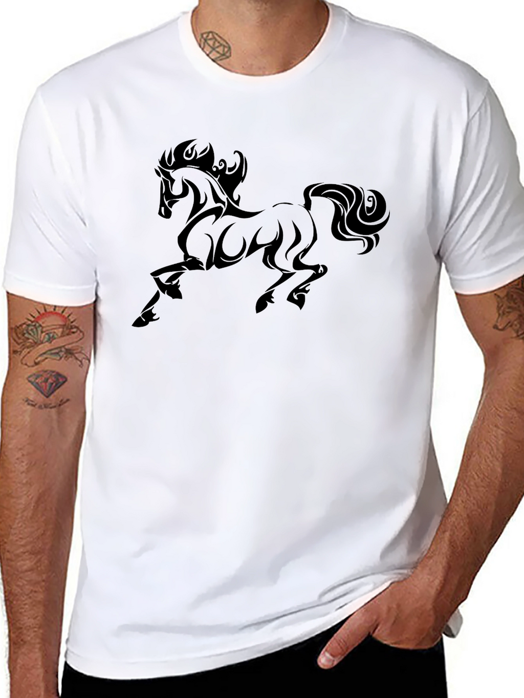 Mens Black T-Shirt with Bold Horse Graphic