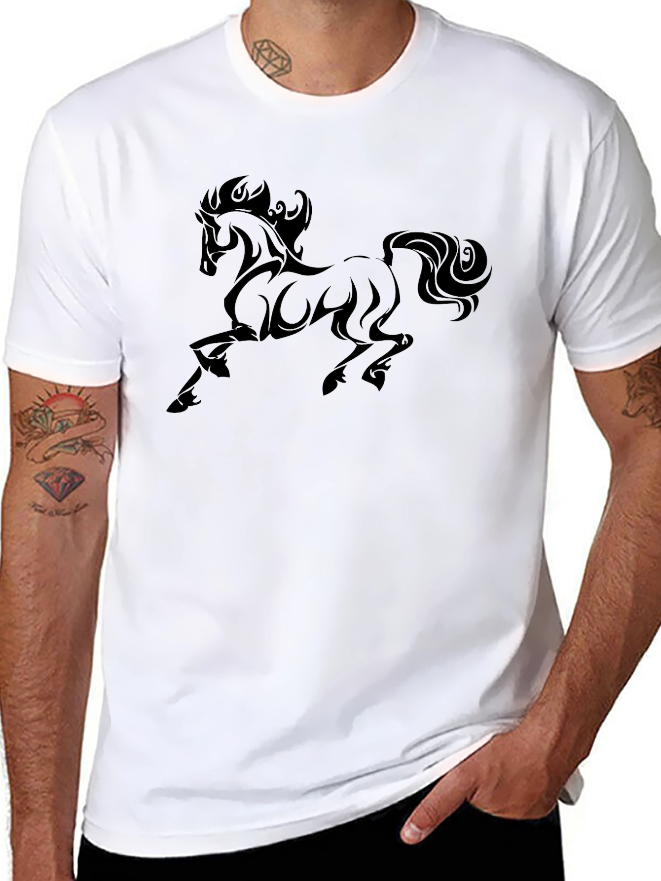 Mens Black T-Shirt with Bold Horse Graphic
